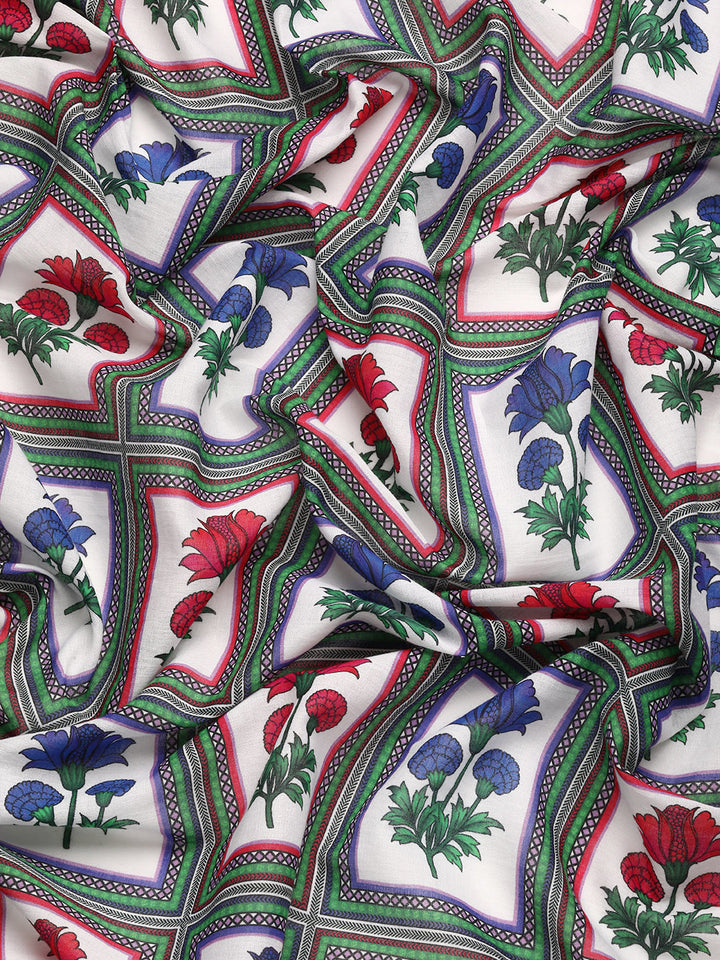 Buta Buti Multi Colour Floral Printed Pure cotton Saree With Unstitched Blouse