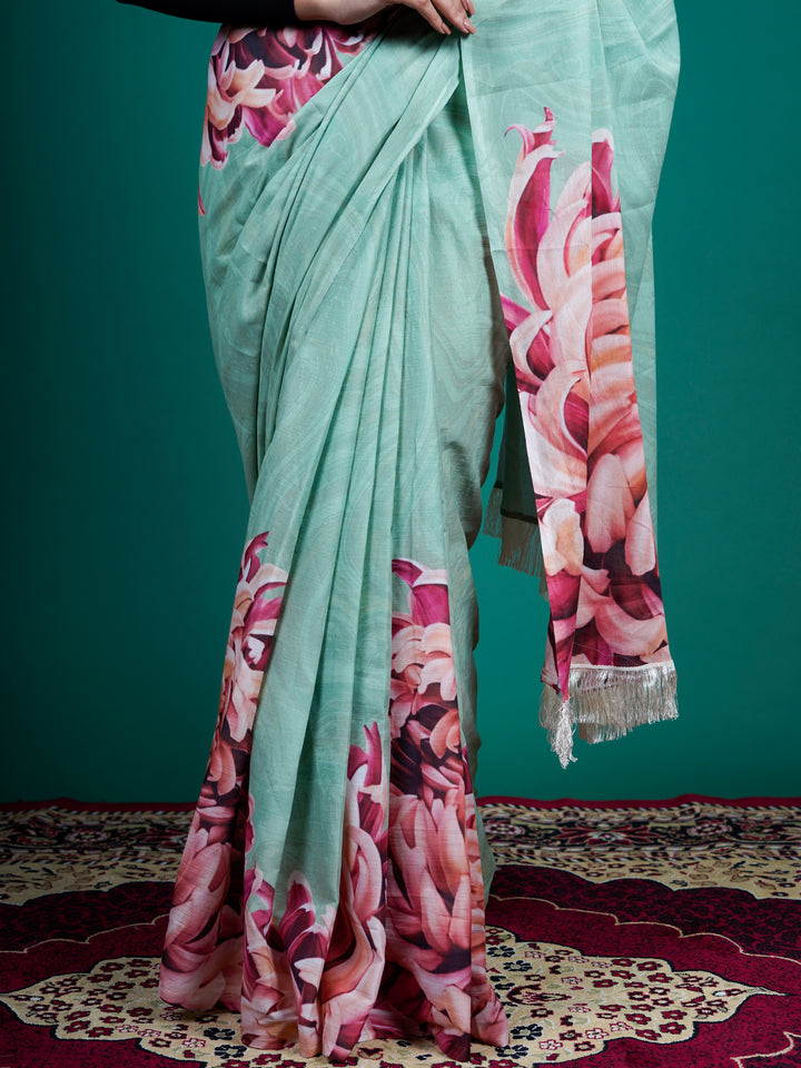 Buta Buti Green Color Floral Printed Pure Cotton Saree With Unstitched Blouse And lace