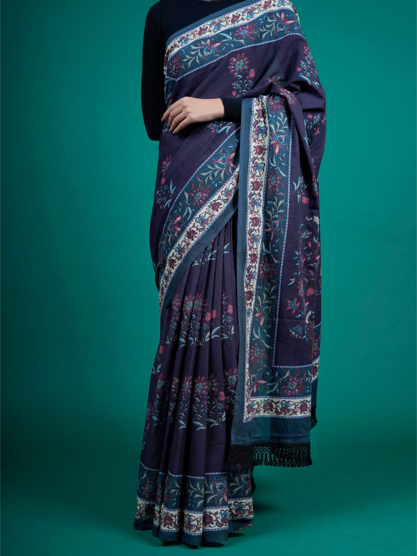 Buta Buti Chintz Floral Printed Cotton Tasseled Saree