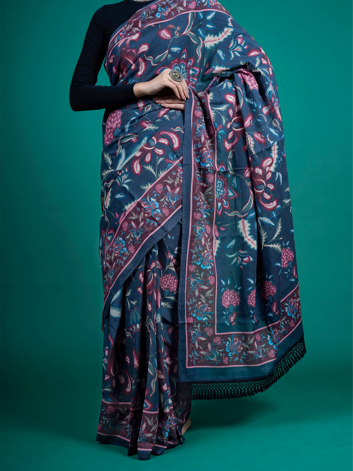 Buta Buti Blue Color Floral Printed Pure Cotton Saree With Unstitched Blouse And lace