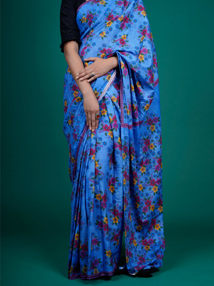 Buta Buti Floral Printed Cotton Tasseled Saree