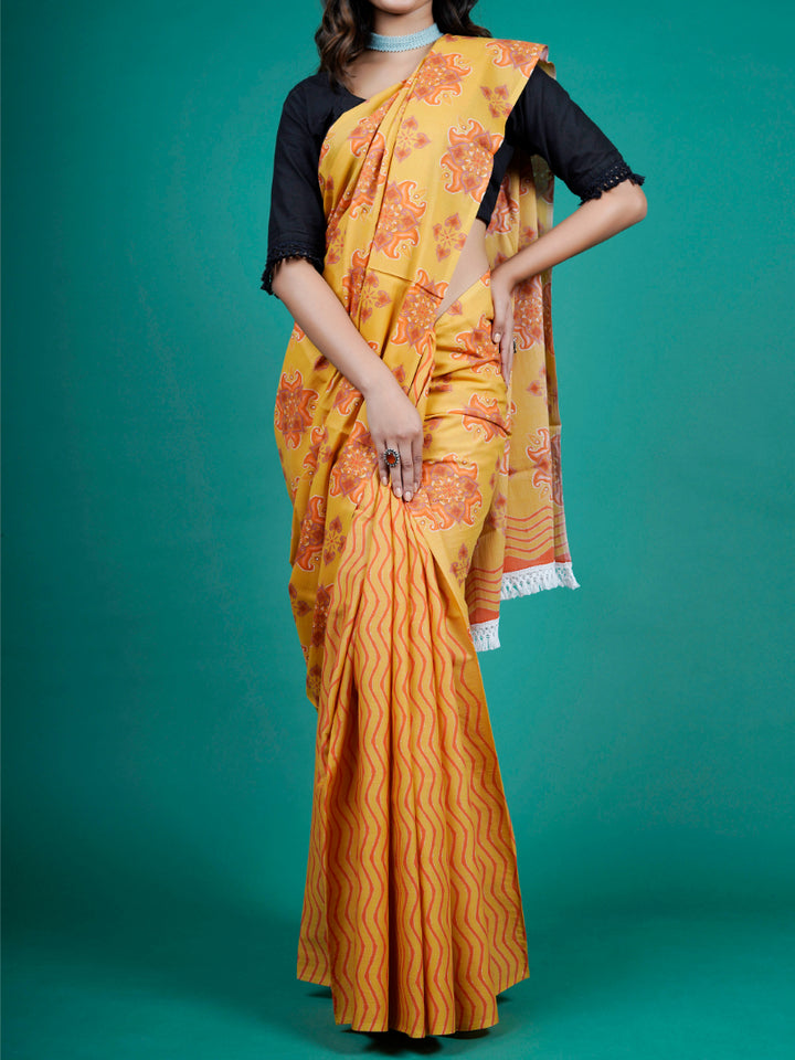 Buta Buti Mustard Color Floral Printed Pure Cotton Saree With Unstitched Blouse And lace