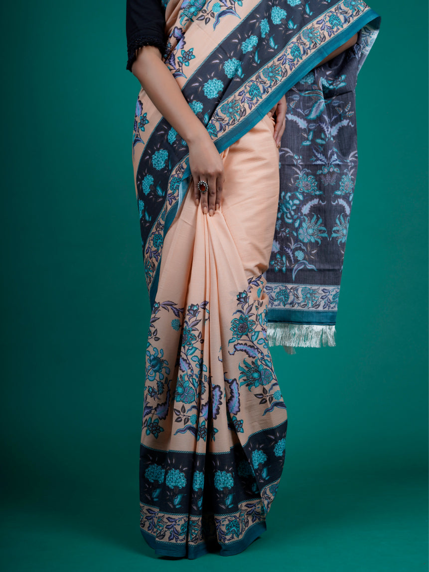 Buta Buti Beige Color Floral Printed Pure Cotton Saree With Unstitched Blouse And lace