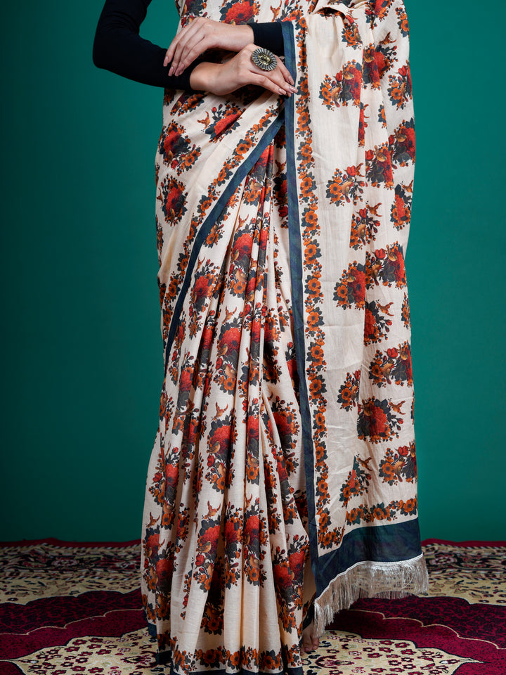 Buta Buti Beige Color Floral Printed Pure Cotton Saree With Unstitched Blouse And lace