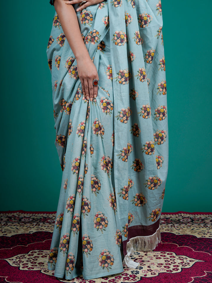 Buta Buti Blue Color Floral Printed Pure Cotton Saree With Unstitched Blouse And lace