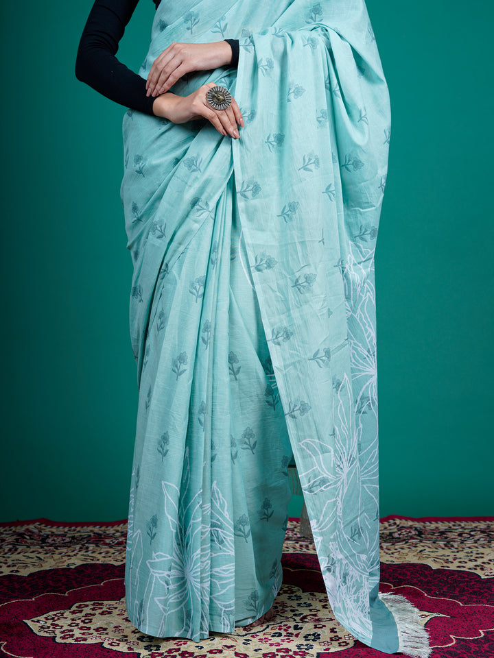 Buta Buti Sea Green Color Floral Printed Pure Cotton Saree With Unstitched Blouse And lace