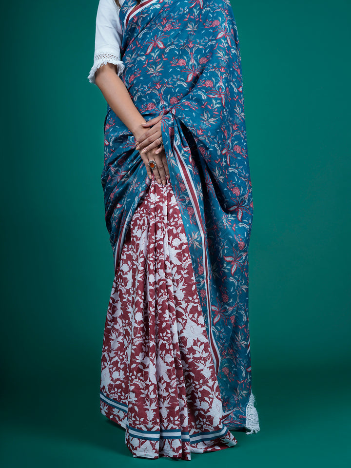 Buta Buti Multi Color Floral Printed Pure Cotton Saree With Unstitched Blouse And lace