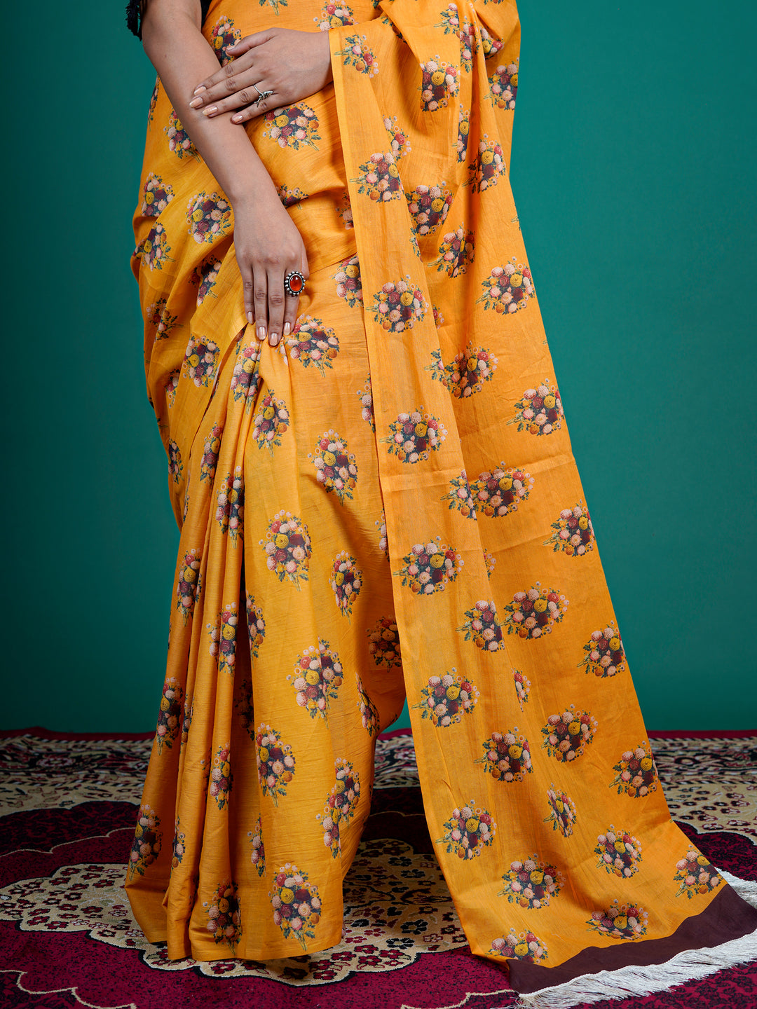 Buta Buti Mustard Color Floral Printed Pure Cotton Saree With Unstitched Blouse And lace