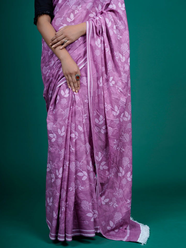 Buta Buti Pink Color Floral Printed Pure Cotton Saree With Unstitched Blouse And lace