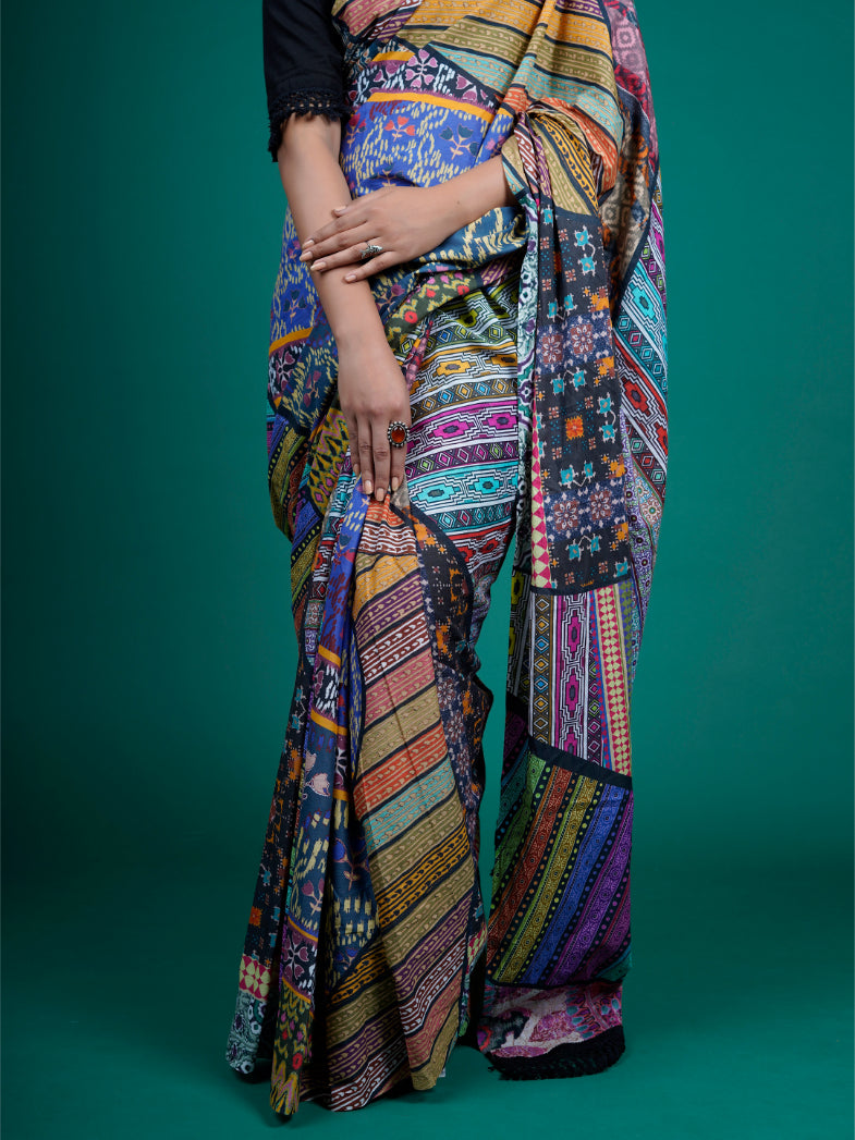 Buta Buti Patch Work Printed Cotton Tasseled Saree