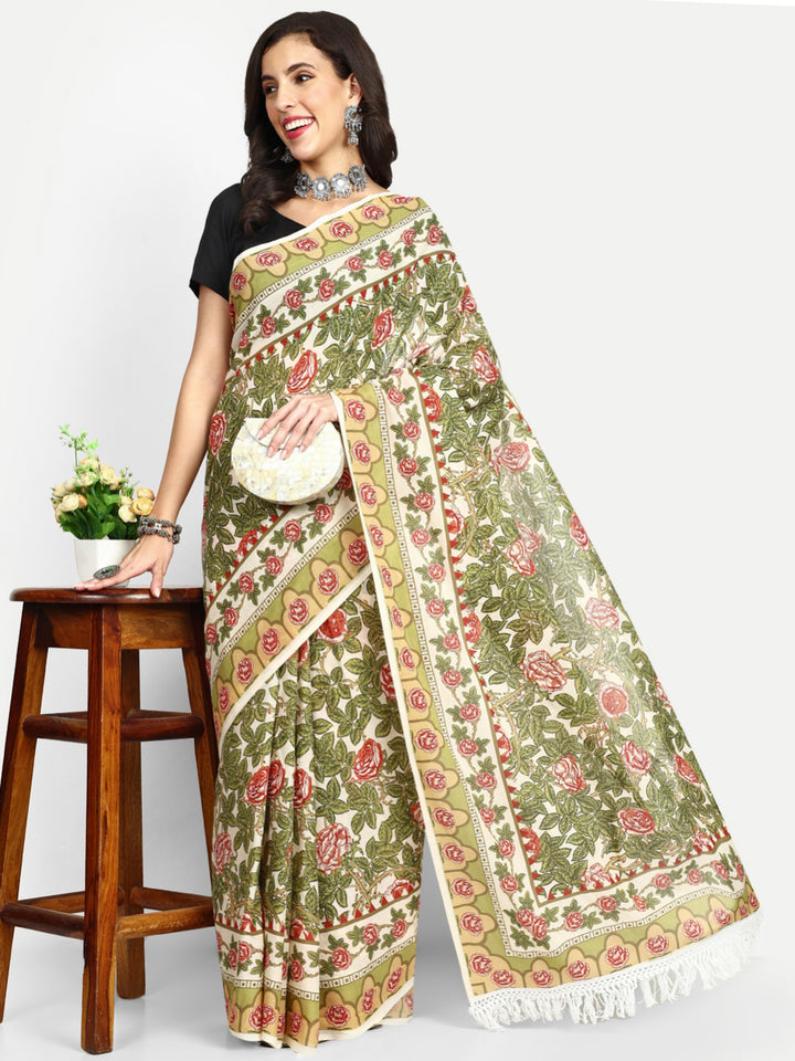 Buta Buti Floral Printed Pure Cotton Tasseled Saree