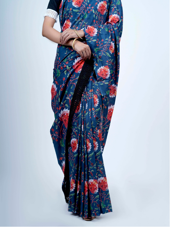 Buta Buti Floral Printed Cotton Tasseled Saree