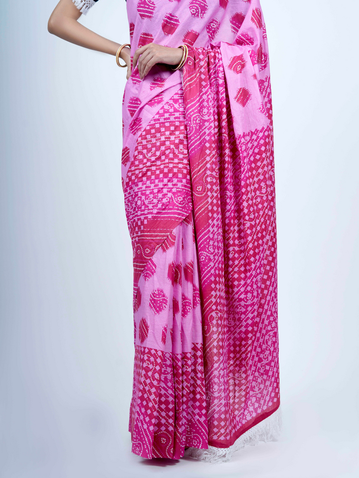 Buta Buti Bandhani Printed Cotton Tasseled Saree