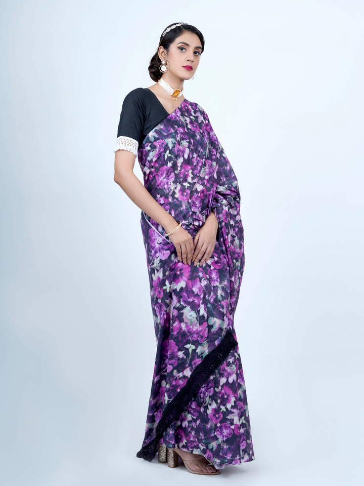 Buta Buti Floral Water Color Art Printed Cotton Tasseled Saree