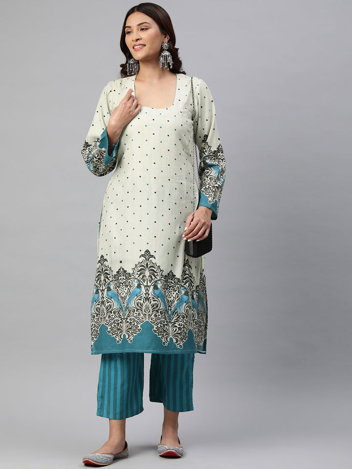 Beige Color Floral Printed Pure Cotton  Kurta Set