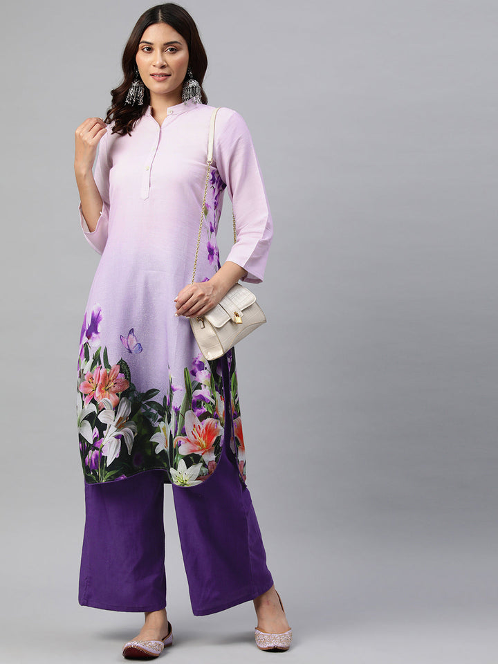 Purple Color Floral Printed Pure Cotton  Kurta Set