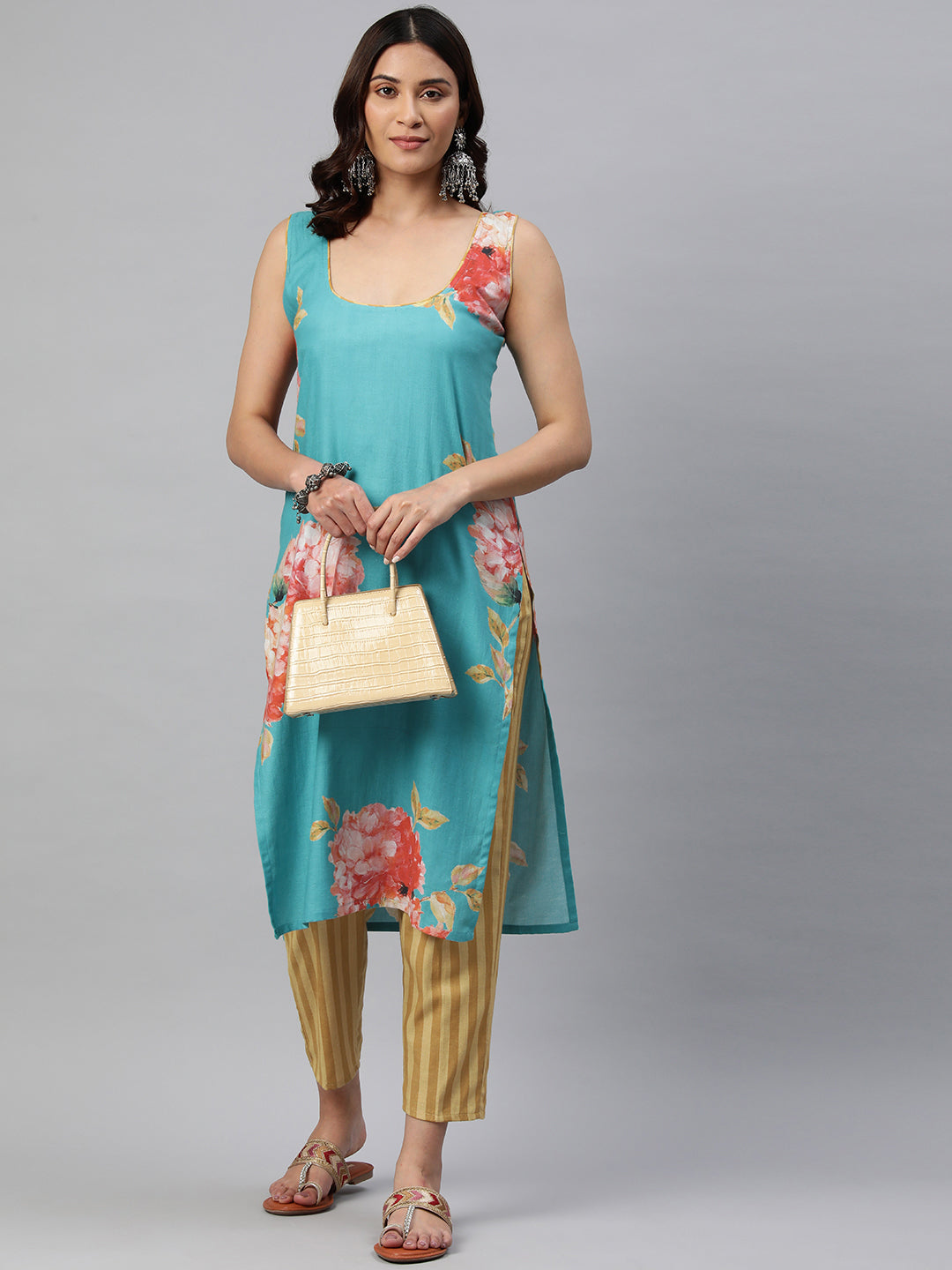 Blue Color Floral Printed Pure Cotton  Kurta Set