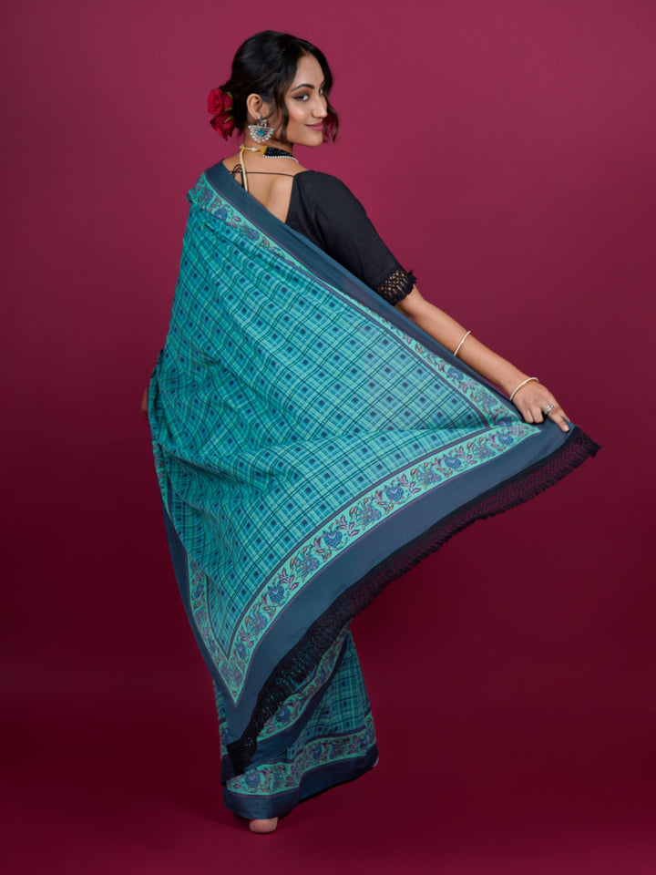 Buta Buti Checked Printed Cotton Saree With Tassels Embellishment