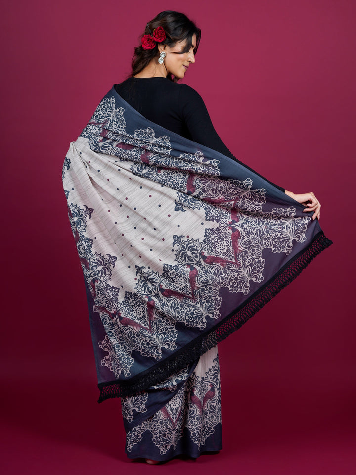 Buta Buti Ethnic Printed Cotton Saree With Tassels Embellishment