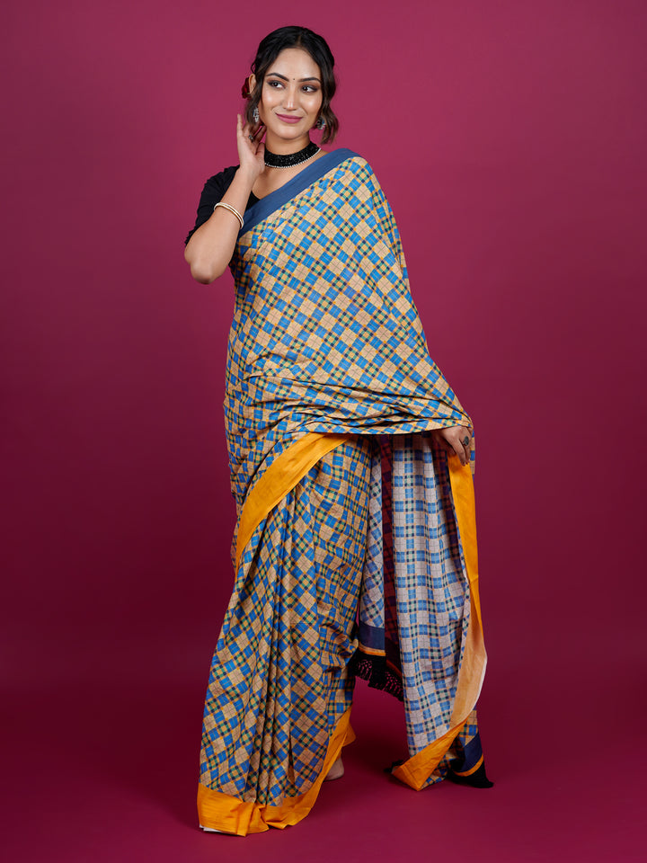 Buta Buti Checked Printed Cotton Saree With Tassels Embellishment