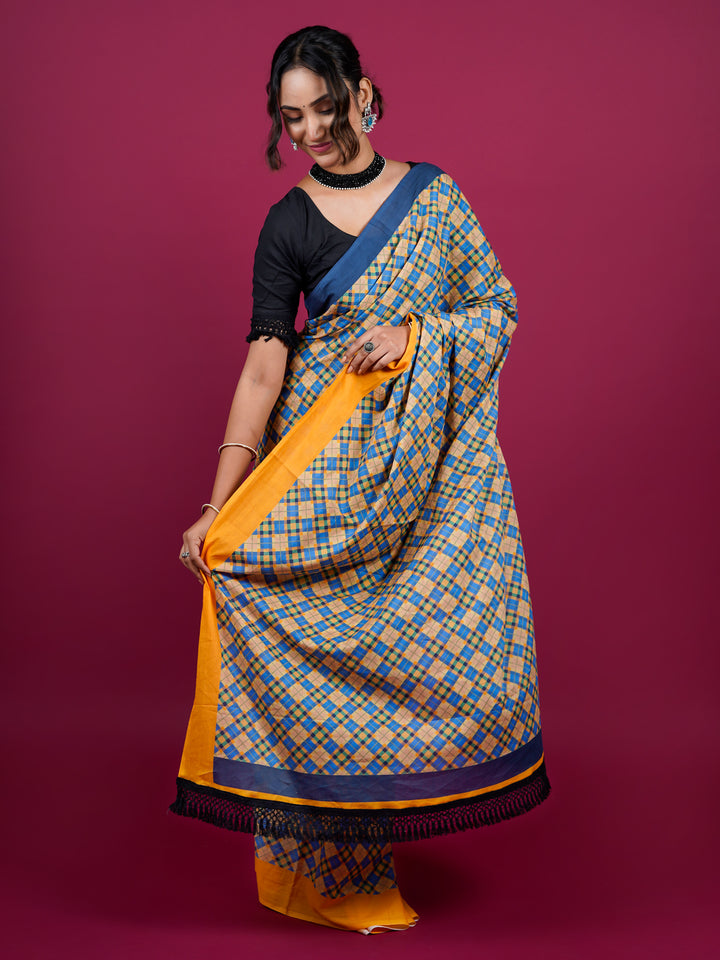 Buta Buti Checked Printed Cotton Saree With Tassels Embellishment