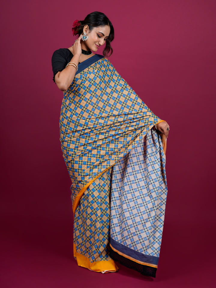 Buta Buti Checked Printed Cotton Saree With Tassels Embellishment