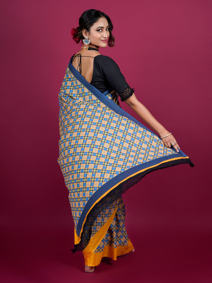 Buta Buti Checked Printed Cotton Saree With Tassels Embellishment