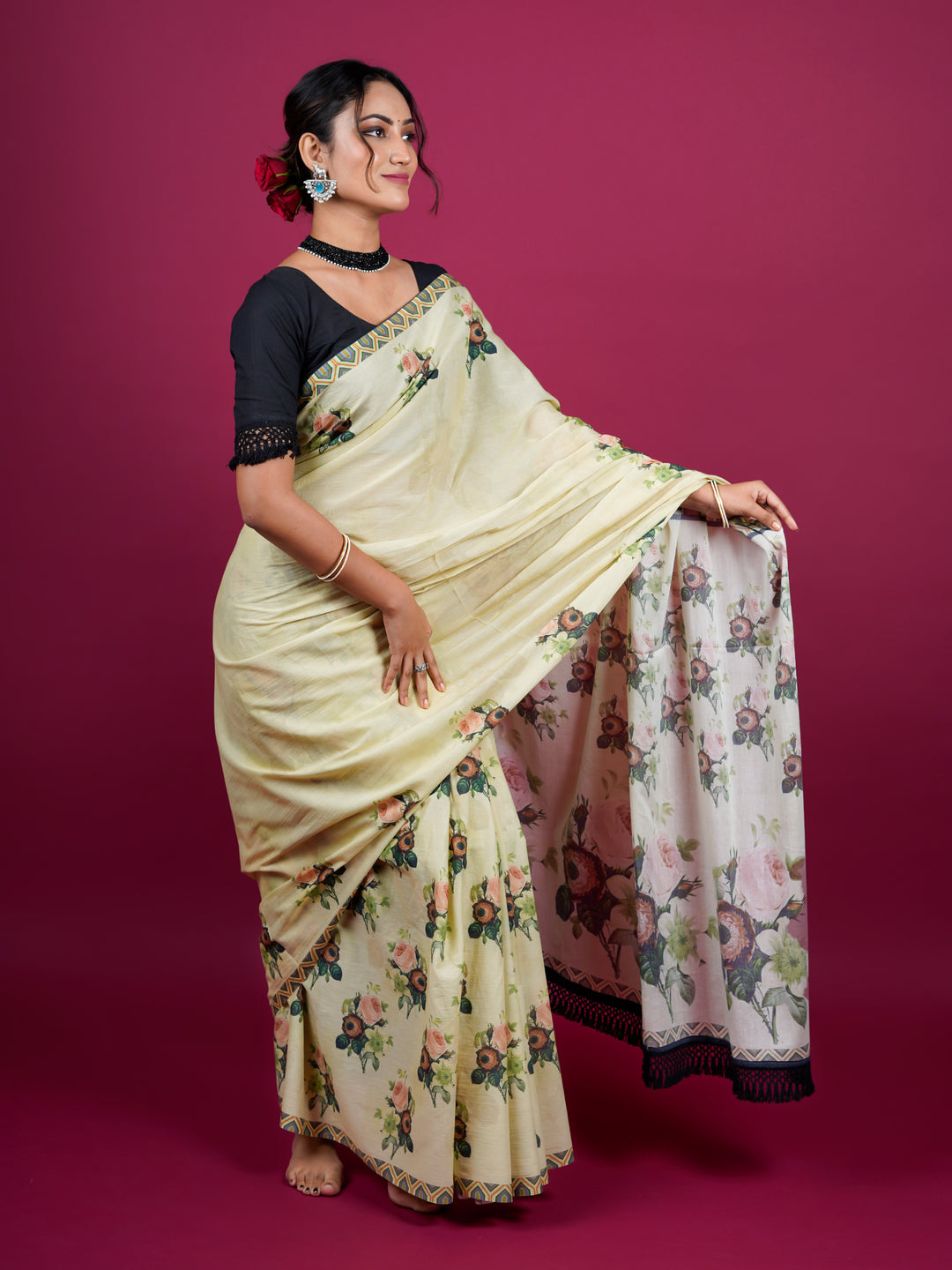 Buta Buti Botanical Floral Printed Cotton Saree With Tassels Embellishment