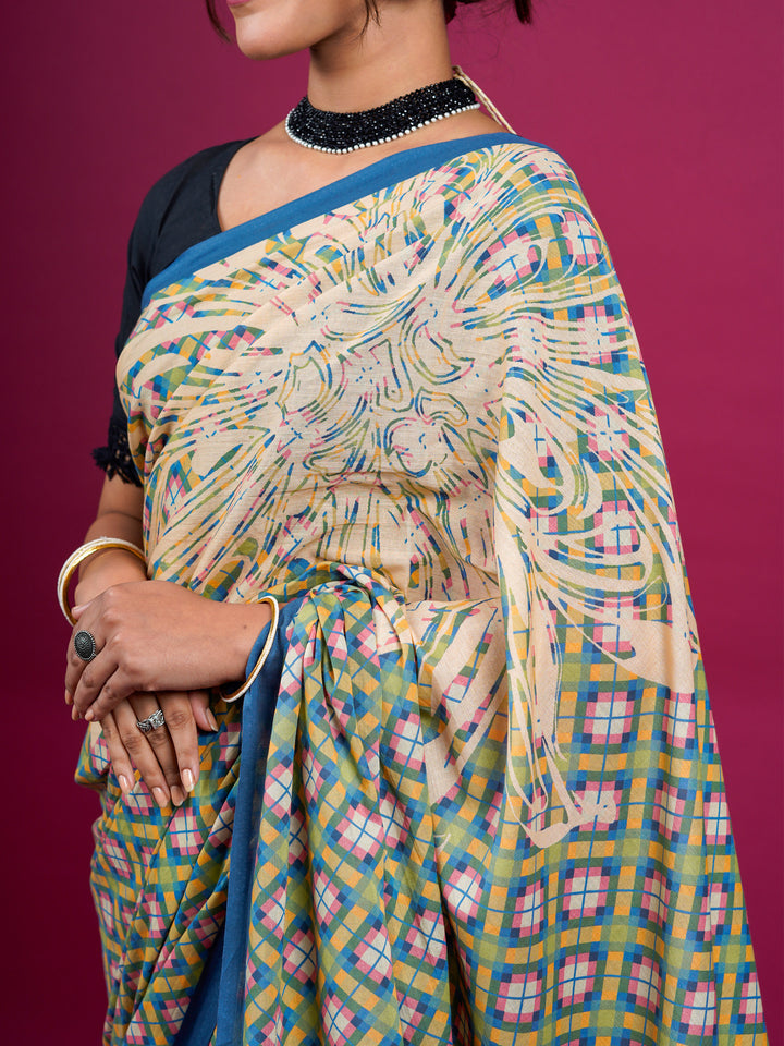 Buta Buti Checked and Floral Printed Cotton Saree With Tassels Embellishment