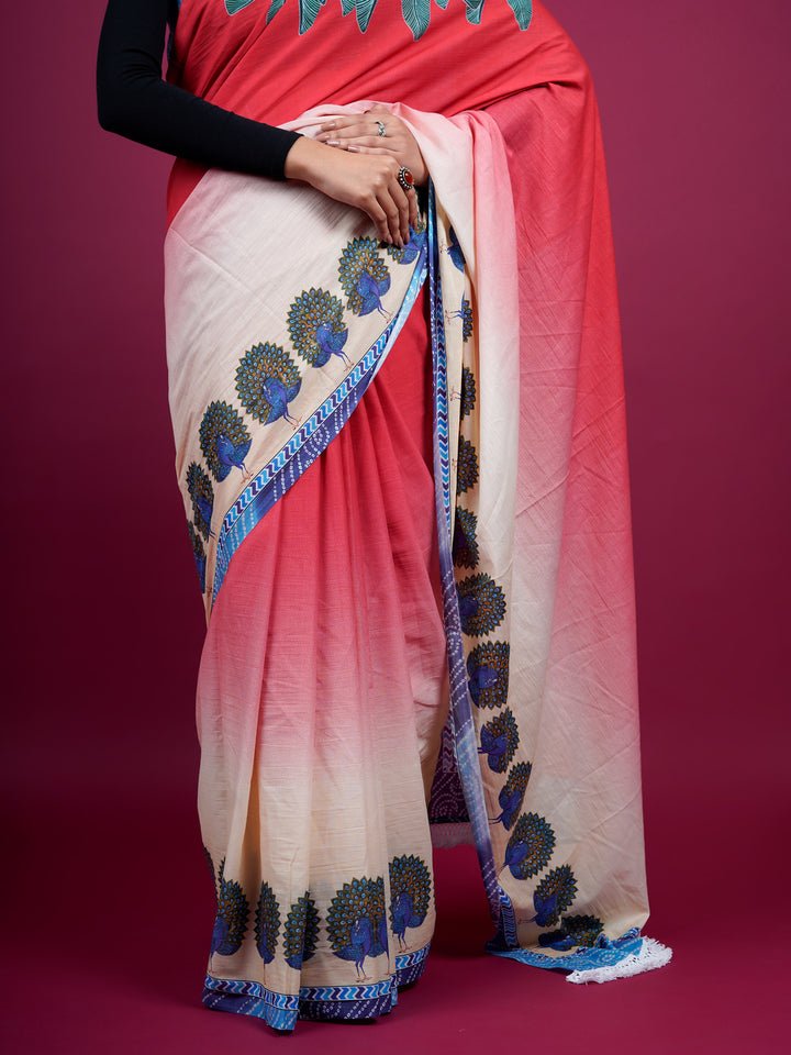 Buta Buti Botanical Printed Cotton Saree With Tassels Embellishment