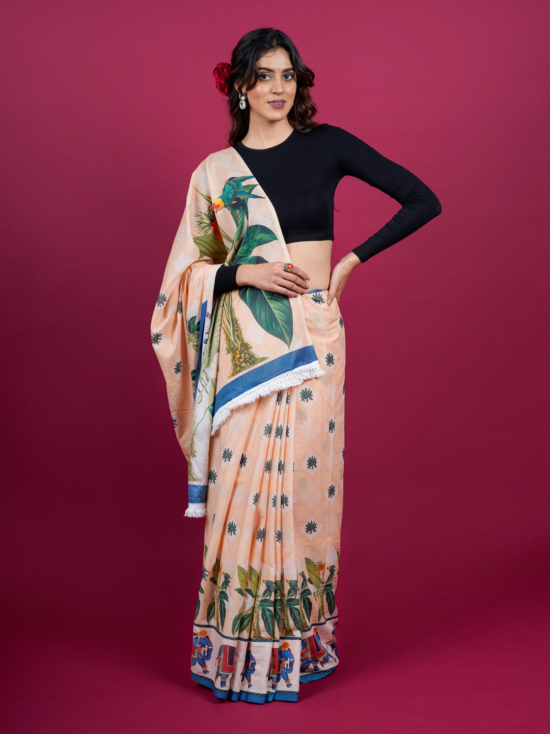 Buta Buti Botanical Printed Cotton Saree With Tassels Embellishment