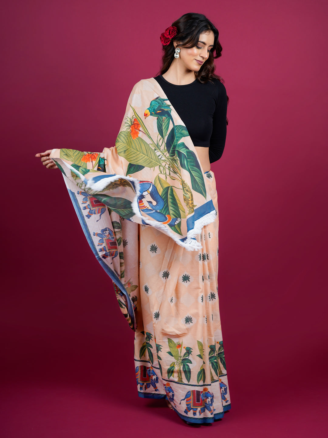 Buta Buti Botanical Printed Cotton Saree With Tassels Embellishment