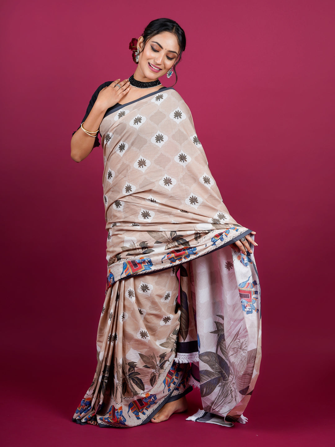 Buta Buti Botanical Printed Cotton Saree With Tassels Embellishment