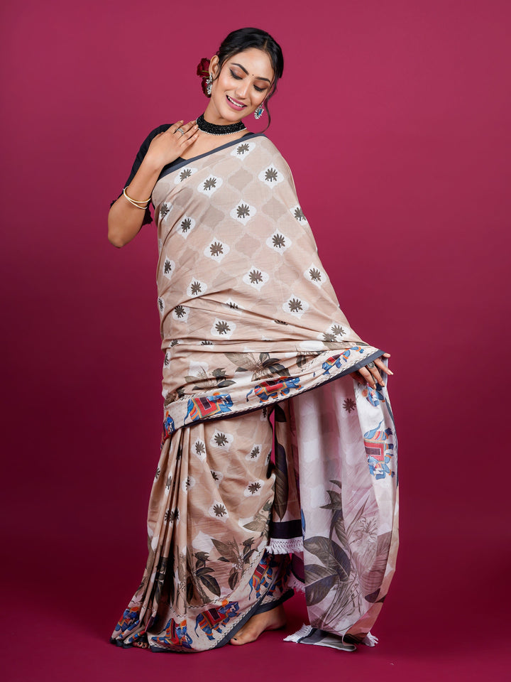 Buta Buti Botanical Printed Cotton Saree With Tassels Embellishment