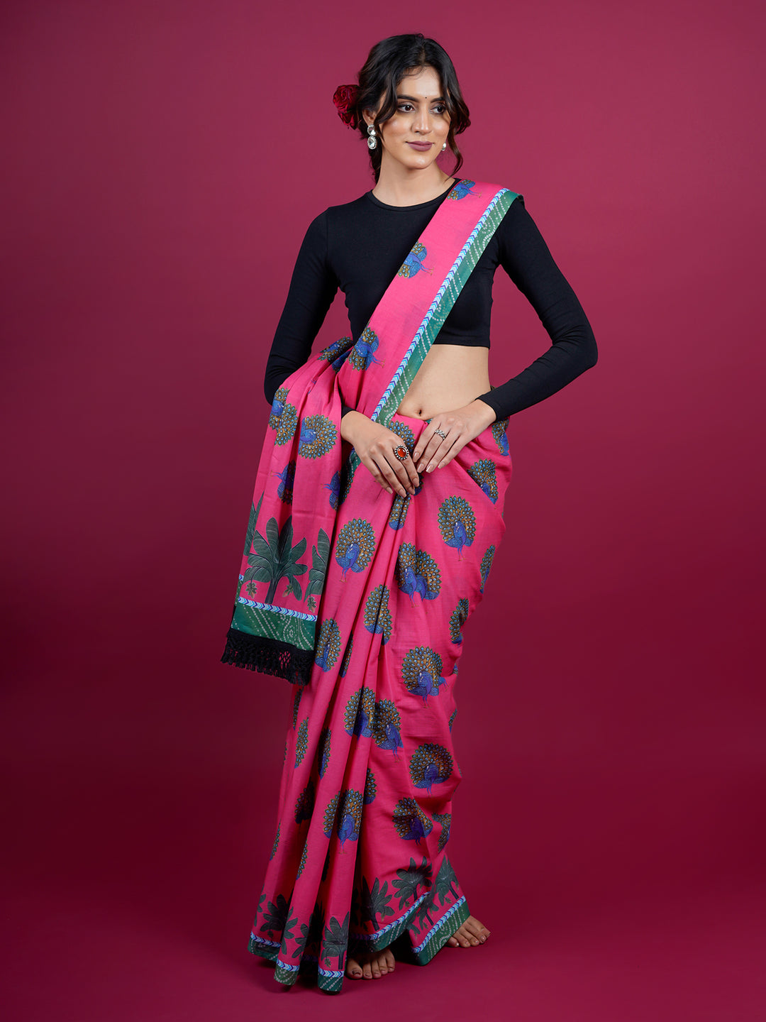 Buta Buti Peacock Printed Cotton Saree With Tassels Embellishment