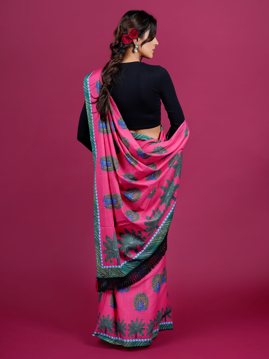 Buta Buti Peacock Printed Cotton Saree With Tassels Embellishment