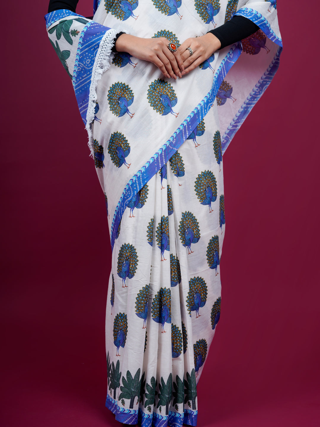 Buta Buti Peacock Printed Cotton Saree With Tassels Embellishment