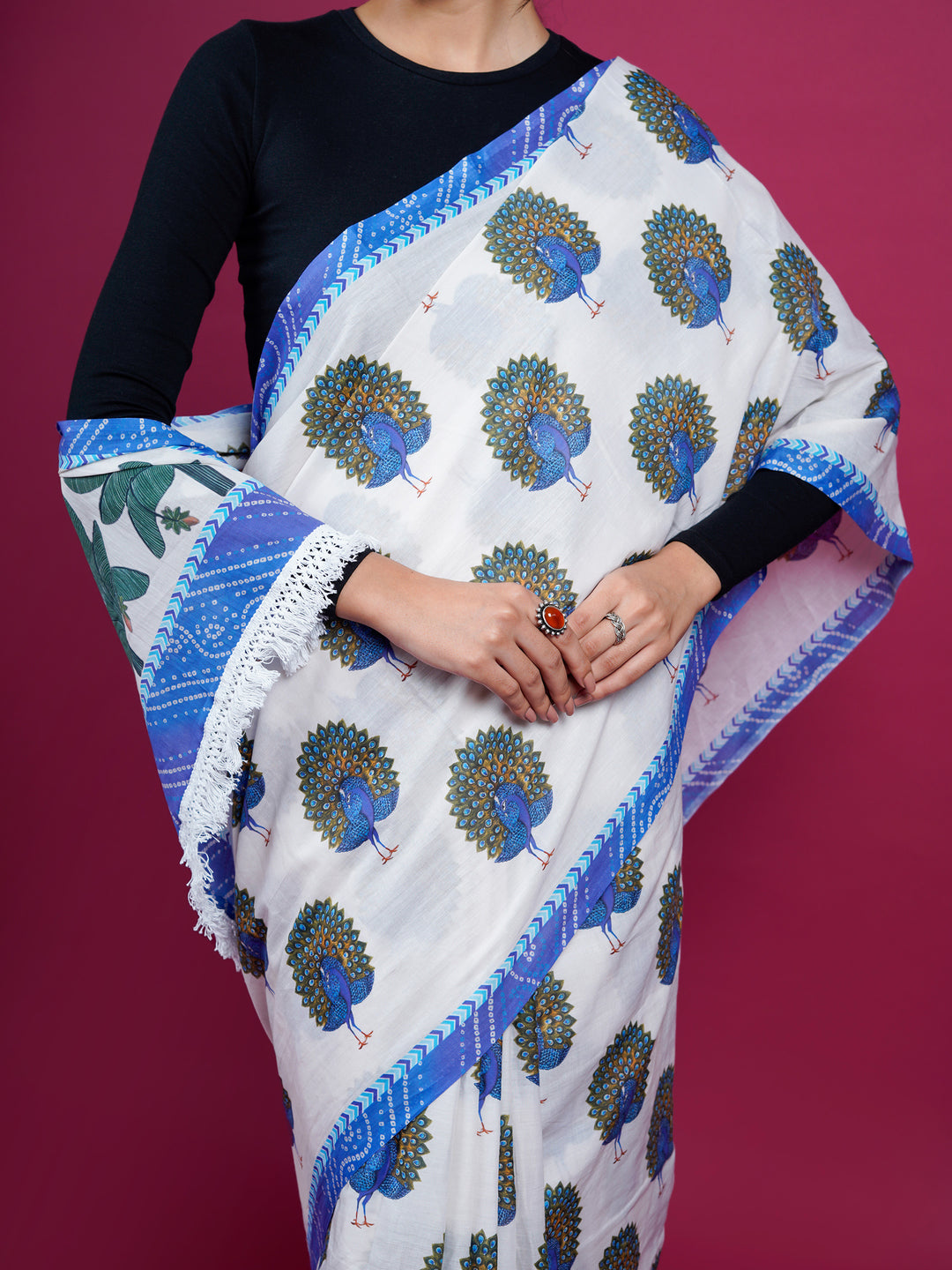 Buta Buti Peacock Printed Cotton Saree With Tassels Embellishment