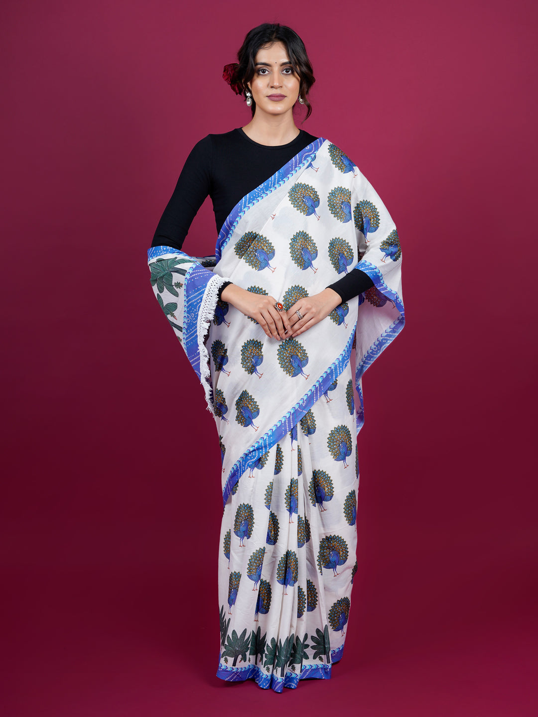 Buta Buti Peacock Printed Cotton Saree With Tassels Embellishment