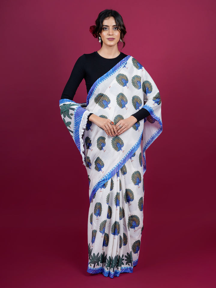 Buta Buti Peacock Printed Cotton Saree With Tassels Embellishment