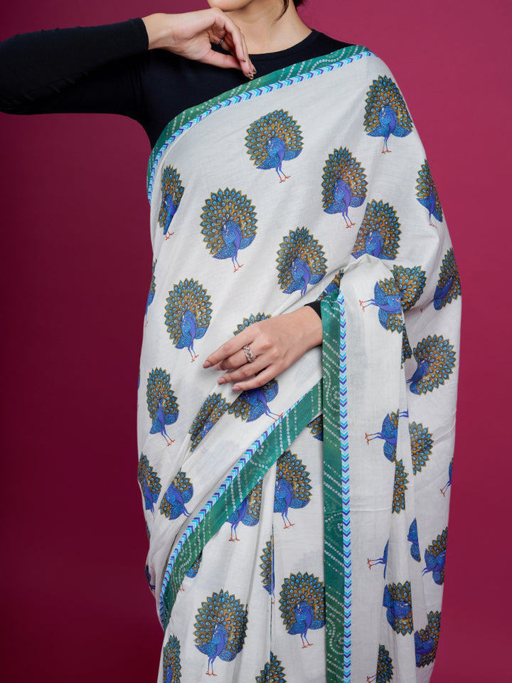 Buta Buti Peacock Printed Cotton Saree With Tassels Embellishment