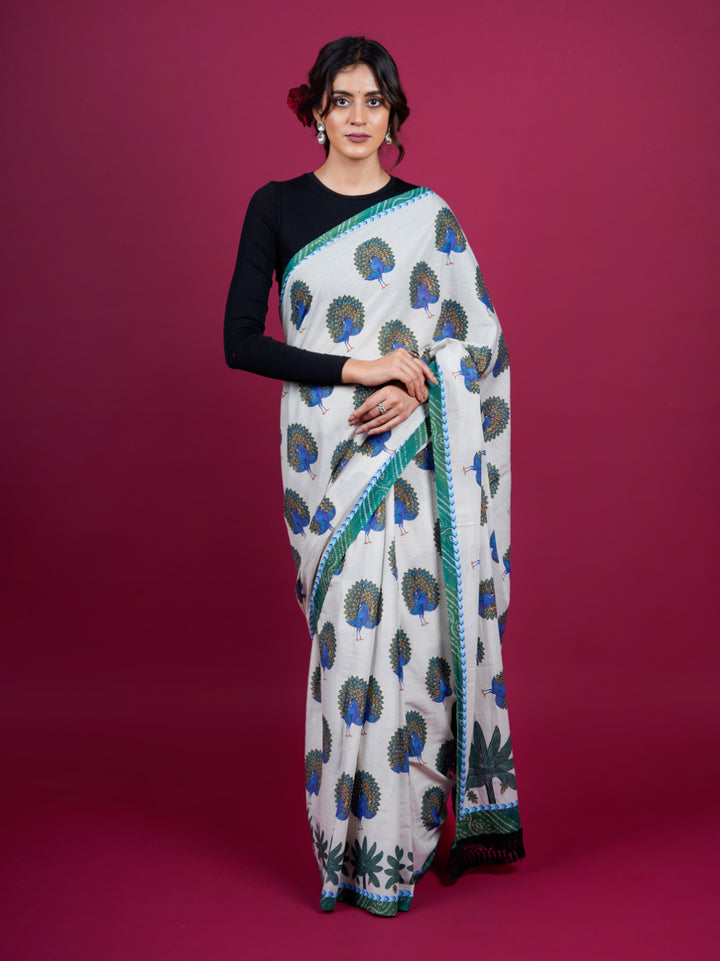 Buta Buti Peacock Printed Cotton Saree With Tassels Embellishment