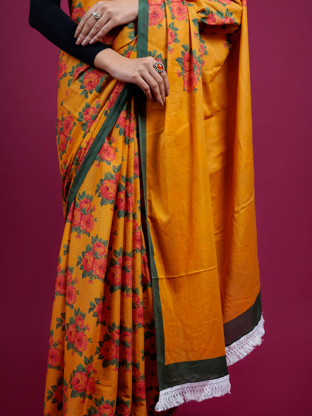 Buta Buti Botanical Floral Printed Cotton Saree With Tassels Embellishment