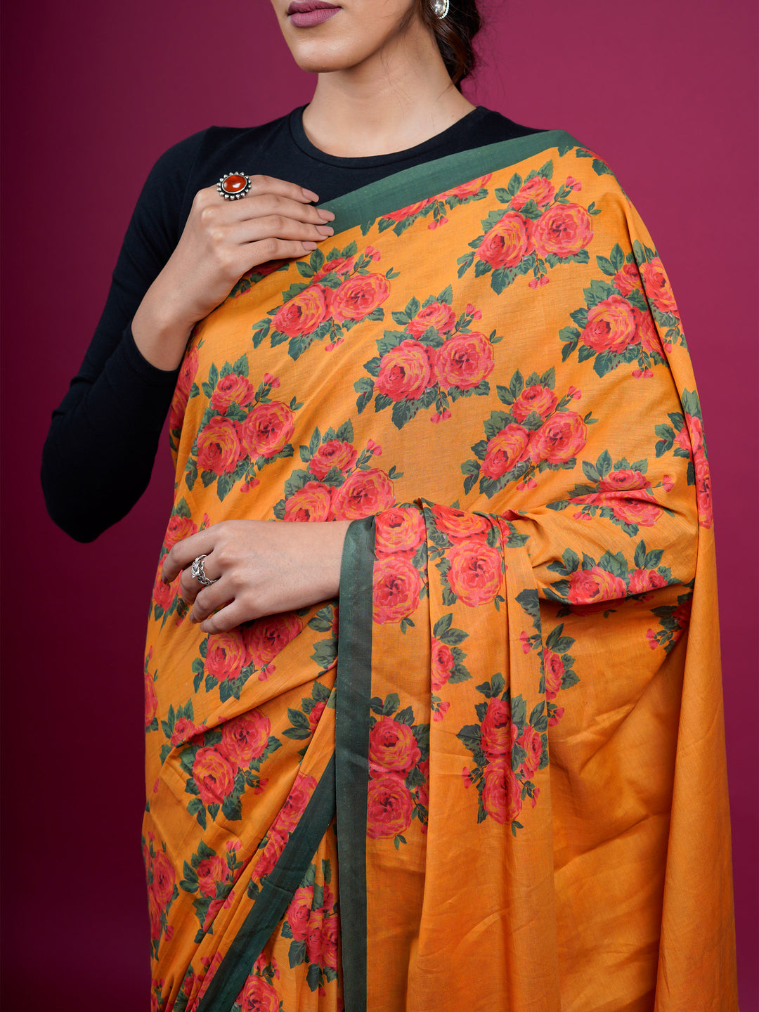 Buta Buti Botanical Floral Printed Cotton Saree With Tassels Embellishment