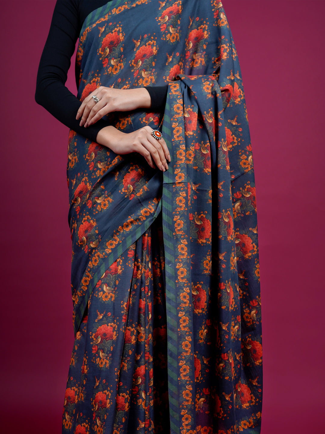 Buta Buti Botanical Printed Cotton Saree With Tassels Embellishment