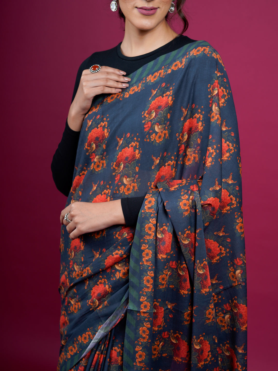 Buta Buti Botanical Printed Cotton Saree With Tassels Embellishment