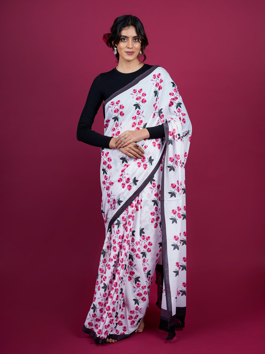 Buta Buti Floral Printed Cotton Saree With Tassels Embellishment