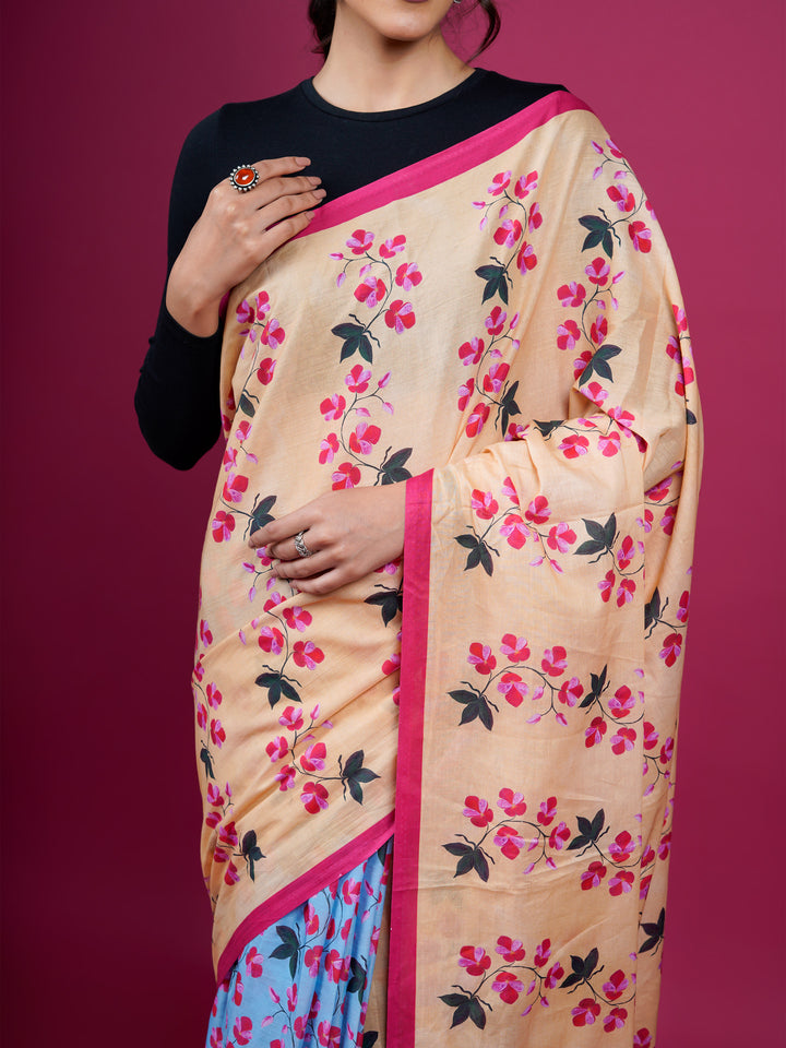 Buta Buti Floral Printed Cotton Saree With Tassels Embellishment