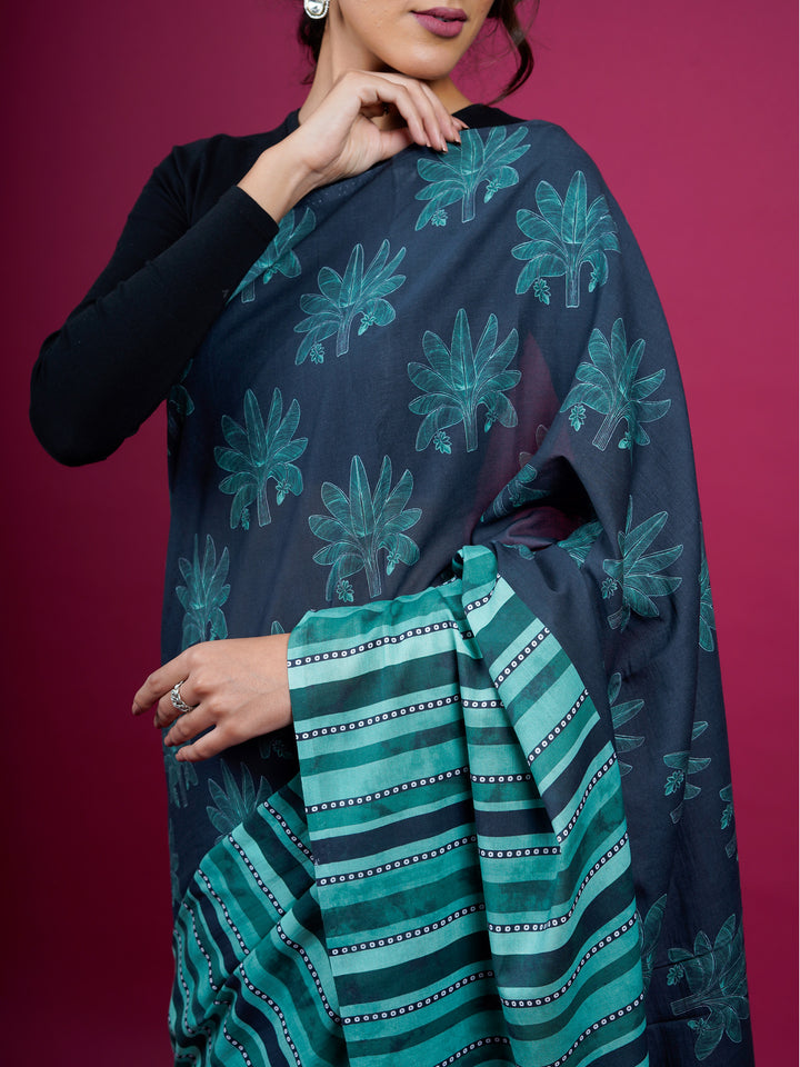 Buta Buti Botanical Printed Cotton Saree With Tassels Embellishment