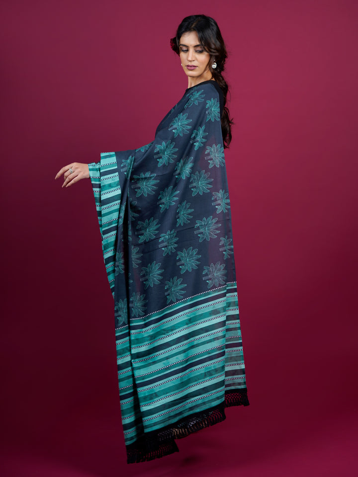 Buta Buti Botanical Printed Cotton Saree With Tassels Embellishment